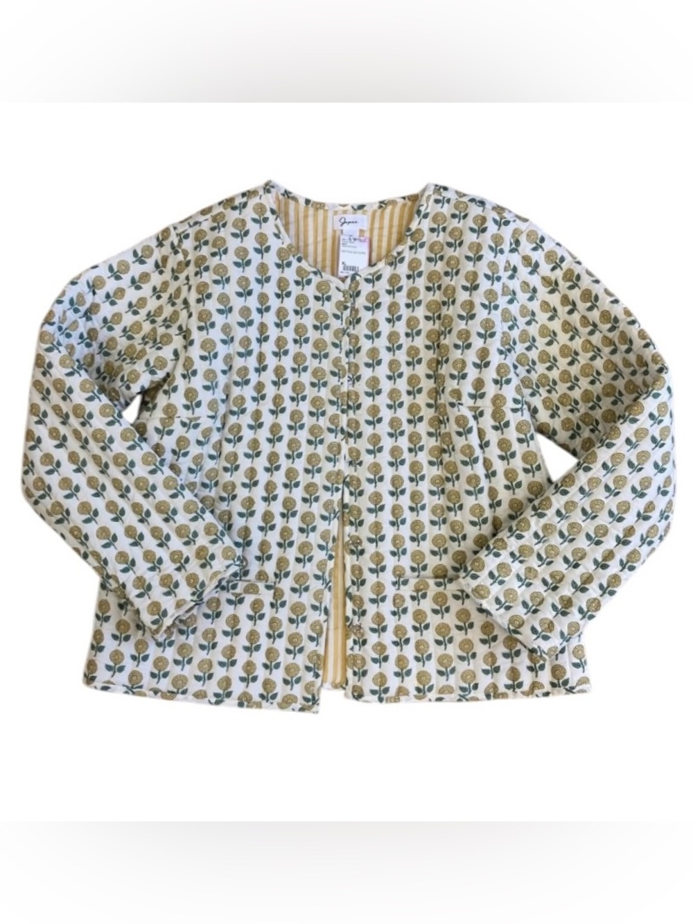 Japna Floral Quilted Open Front Jacket XL Boho Mustard Green